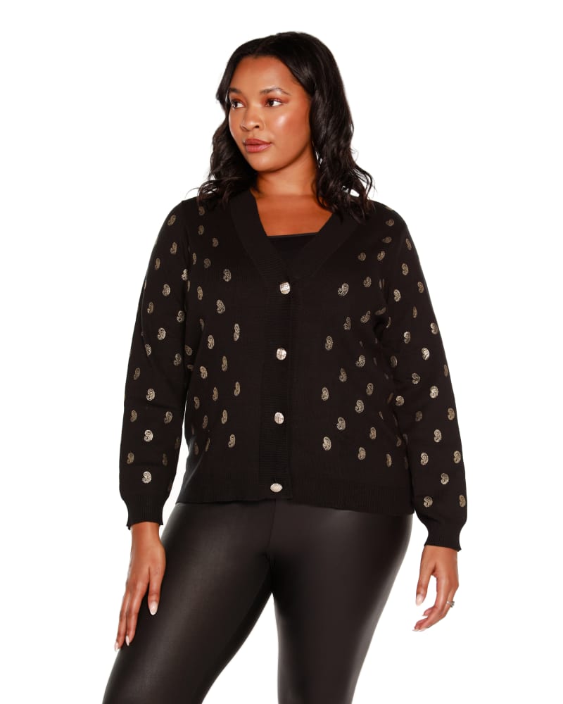 Front of a model wearing a size 1X Plus Size Paisley Print Sweater Cardigan in Black by Belldini. | dia_product_style_image_id:319585